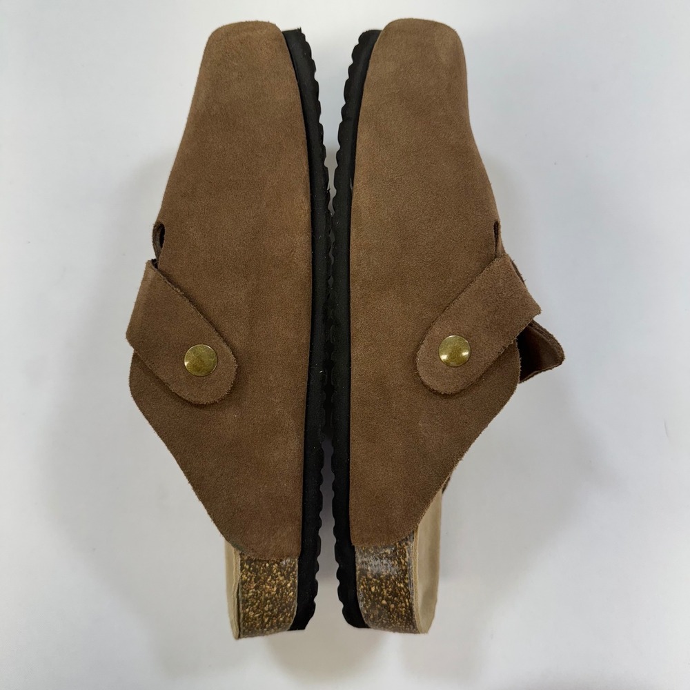 Quince Suede Clog Mules Women Size 8 Brown Buckle Strap Cork Footbed Shoes - Picture 6 of 12